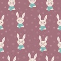 Pattern with cute bunny in glasses with scarf and snowflakes on dark pink background