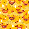 Pattern with cute cartoon birds, chicks, eggs, dots