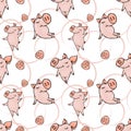 Pattern with cute cartoon piglets and nose marks on white background.