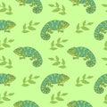 Pattern with cute chameleons and twigs