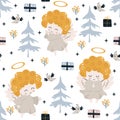 Seamless pattern with angel tree and gift - vector illustration, eps Royalty Free Stock Photo