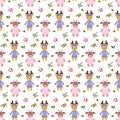 Pattern with cute deer and forest plants. Stylized animals.