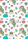 Pattern with cute faces of unicorns, ice cream, stars, hearts, donut, rainbow, crowns, cupcake, wing, cloud