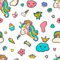 Pattern with cute faces of unicorns, ice cream, stars, hearts, donut, rainbow, crowns, cupcake, wing, cloud