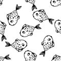 the pattern of a cute fish is a doodle. a simple children's drawing of a sea fish swimming, with a rounded black Royalty Free Stock Photo