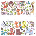 Pattern with cute forest and jungle animals. Fox, tiger, lion, zebra, bear, bird, parrot, snake, squirrel, elephant