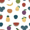 Pattern of cute fruits with eyes and smiles on a white background. Fruit and berry characters. Isolated fully editable