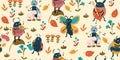 Pattern with cute insect musicians. Vector graphics