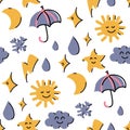 A pattern of cute little stickers with stylish weather-themed illustrations. Seamless background with fashionable cozy