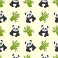 Pattern with cute panda and bamboo shoots pattern on yellow background, childrens funny background for textiles Royalty Free Stock Photo