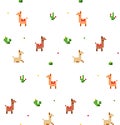Pattern with cute pixel art lamas and cacti
