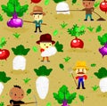 pattern with cute radish on field and farmer,vegetables and worker cartoon style,vector.