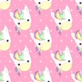 Pattern with a cute rainbow unicorn on a pink background with stars.