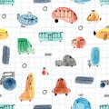 Pattern with cute stylized watercolor transport