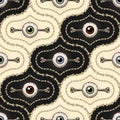 Pattern with damask grid of bones, human eyeballs