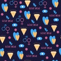 Pattern with a dark background for Valentine s Day with hearts, inscription and signs of male and female