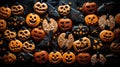 Pattern of decorated cookies in the shape of scary orange sugar pumpkins and chocolate bats on a dark scary background