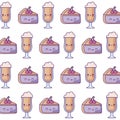 pattern of delicious sliced cakes with cups drink kawaii style