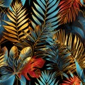 Pattern Design, Art Deco-style pattern of stylized palm leaves in metallic gold and jewel tones. AI Generated