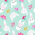Pattern design cute bunny, rabbit face and pretty flowers, mint, blue background