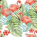 Pattern design with tropical theme, palms, monstera and hibiscus watercolor vector illustration Royalty Free Stock Photo