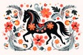 Pattern design using black horse and flowers and leaves. Wildlife Animals. Illustration, Generative AI Royalty Free Stock Photo