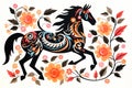 Pattern design using black horse and flowers and leaves. Wildlife Animals. Illustration, Generative AI Royalty Free Stock Photo