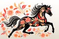 Pattern design using black horse and flowers and leaves. Wildlife Animals. Illustration, Generative AI Royalty Free Stock Photo