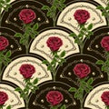 Pattern with diagonal shell shaped grid, roses Royalty Free Stock Photo