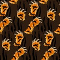 A pattern at different angles of a vector image of a tiger paw cutting the material on a brown background. Abstract