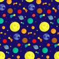 Pattern with different planets and stars. Space vector illustration on a blue background. Royalty Free Stock Photo