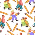 A pattern of different young people holding large pencils with a seamless pattern. Happy young students write, draw. The