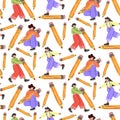 A pattern of different young people holding large pencils with a seamless pattern. Happy young students write, draw. The