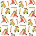 A pattern of different young people holding large pencils with a seamless pattern. Happy young students write, draw. The