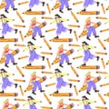 A pattern of different young people holding large pencils with a seamless pattern. Happy young students write, draw. The