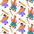 A pattern of different young people holding large pencils with a seamless pattern. Happy young students write, draw. The