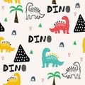 Pattern with dino, dinosaur in tropical forest in scandinavian style. Abstract kid draving for nursery,textile,wrapping or poster.