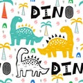 Pattern with dino, dinosaur in tropical forest in scandinavian style. Abstract kid draving for nursery,textile,wrapping or poster.