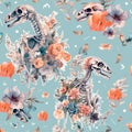 Pattern with dinosaur skeletons in flowers. Seamless fashion pattern. Original design with t-rex, dinosaur for printing on