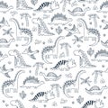 Seamless vector cartoon doodle pattern with hand drawn prehistoric dinosaurs