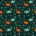 A pattern with dinosaurs among the tropics. Characters in nature for the background. Cartoon wild animals for textiles