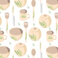 vector pattern with dishes in eco style with green sprigs, ceramic plate and teapot