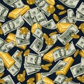 Pattern with dollar bills, coins, gold ingots Royalty Free Stock Photo
