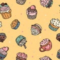 Pattern with doodle-style cupcakes on a yellow background.