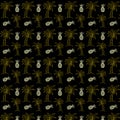 Pattern in doodle style linear palm, seashell, pineapple on a black backgroun Seamless pattern with palm trees, pineapples,