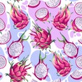 Seamless pattern with dragon fruits pitaya and color splashes.