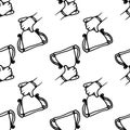 Pattern of a drawing of a hand with a raised cup. Seamless cup pattern hand-drawn in doodle style, black outline on white,