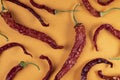 Pattern of dry red hot chili peppers on a orange background, top view, flat lay, close-up Royalty Free Stock Photo
