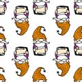 A pattern of a dwarf with a scroll in his hands in a flat style. Seamless dwarf pattern drawn in cartoon style with a star on a Royalty Free Stock Photo