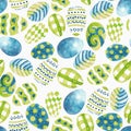 Pattern with eggs, blue and green colors, drawn with watercolor. Easter wrapping paper